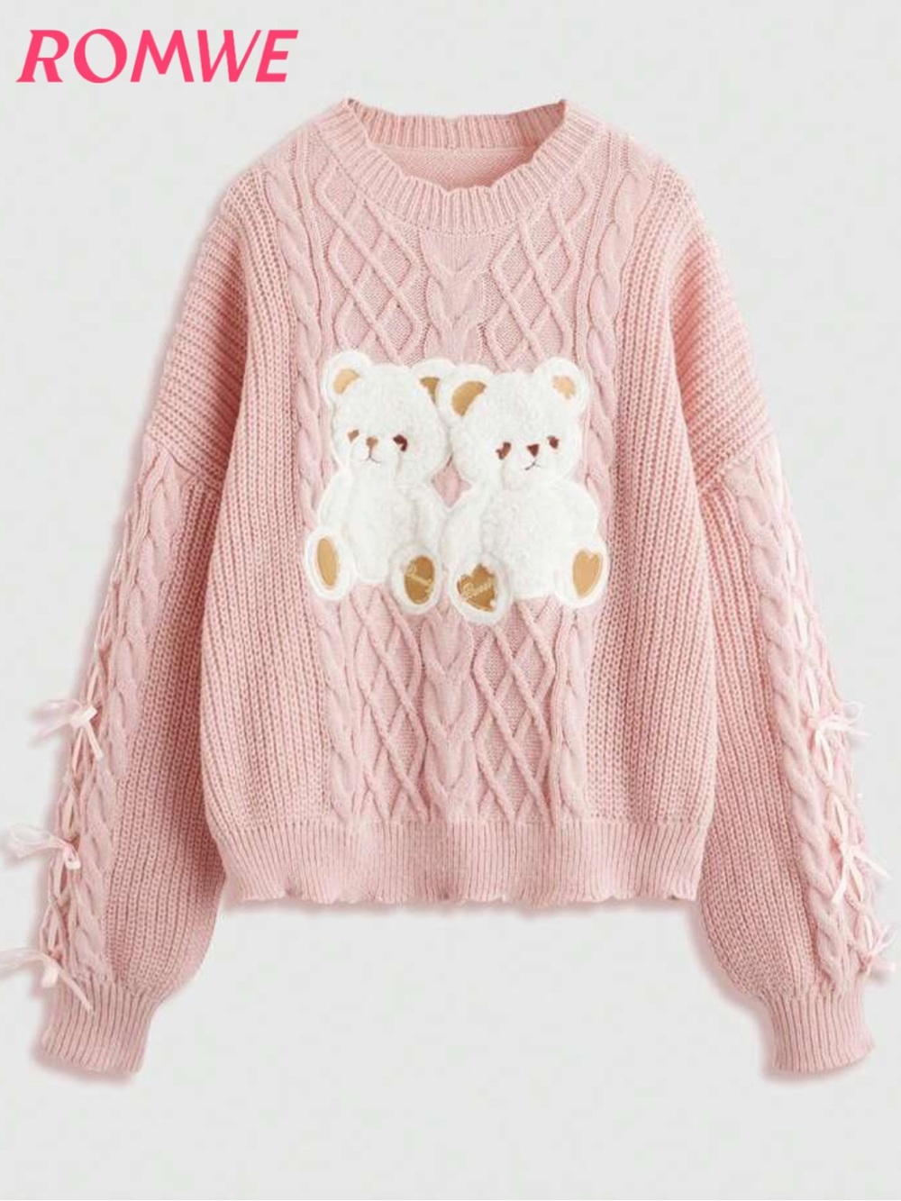 Cute Pink Teddy Bear Cable Knit Sweater